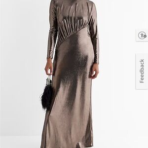 Metallic Boat Neck Long Sleeve Ruched Top Maxi Dress